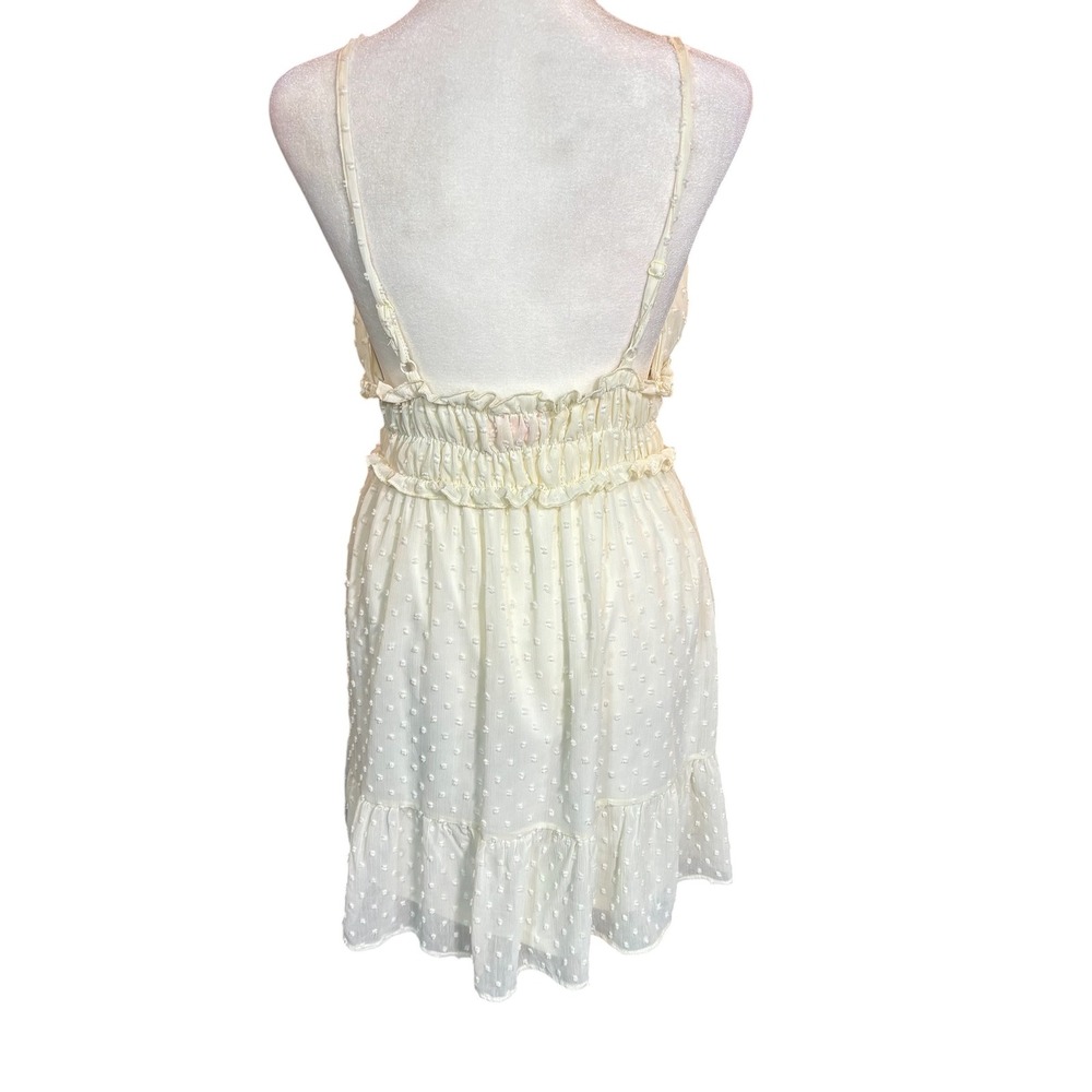 Wishful Thinking Cream Swiss Dot Mini Dress Smocked Waist Ruffle Hem Medium #390 - Picture 3 of 11
